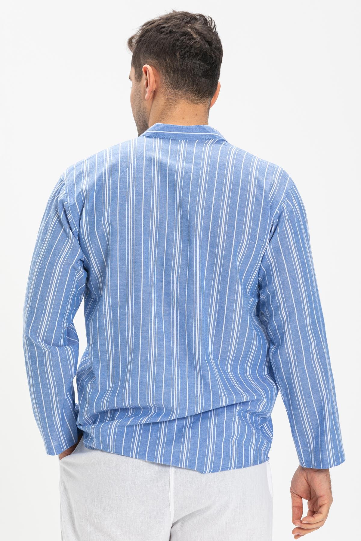 Uzun Kol Şile Bezi Tek Cepli Hakim Yaka Erkek Tshirt Mavi Beyaz Çizgili 3019