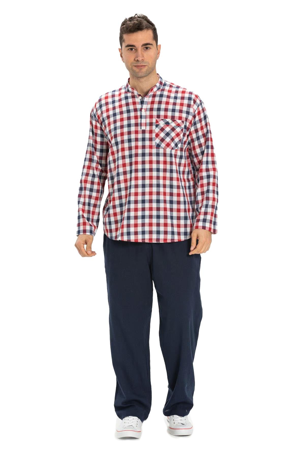 Uzun Kol Şile Bezi Tek Cepli Hakim Yaka Erkek Tshirt Kırmızı Lacivert Kareli 3008