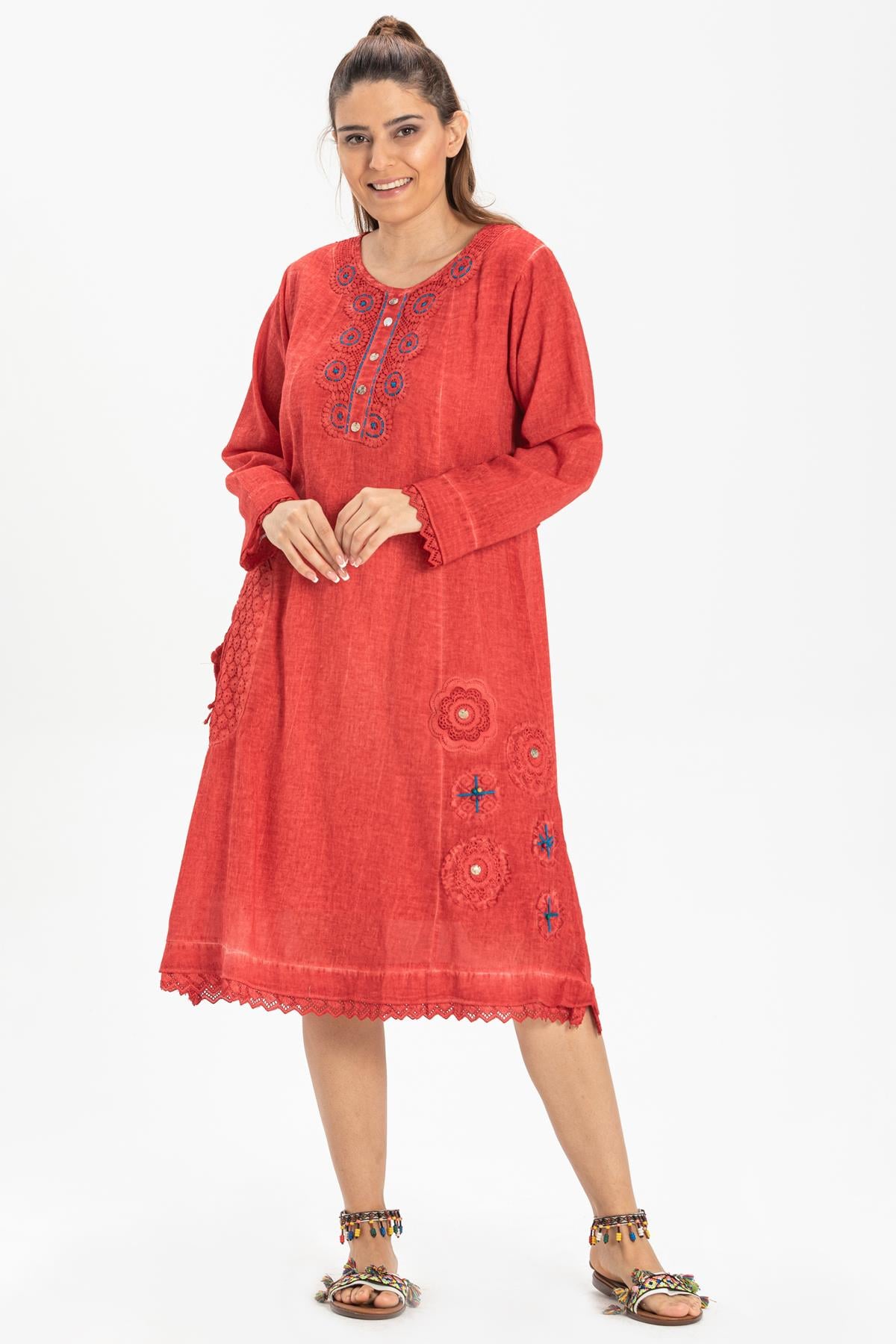 Uzun Kol Şile Bezi Yonca Kısa Elbise / Tunik Mercan Mrcn