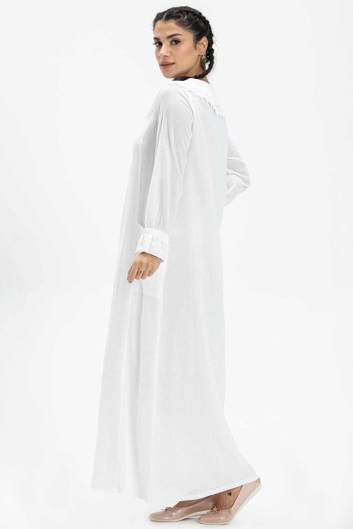 Long Sleeve Sile Fabric Zahide Long Dress White