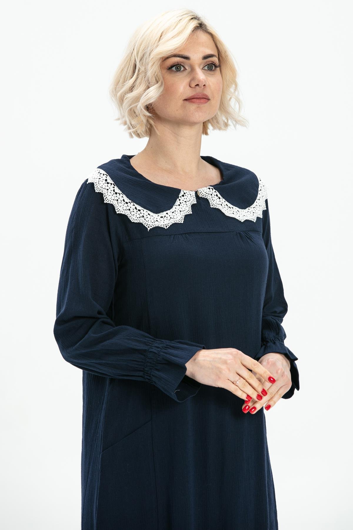 Long Sleeve Sile Fabric Zahide Long Dress Navy Blue