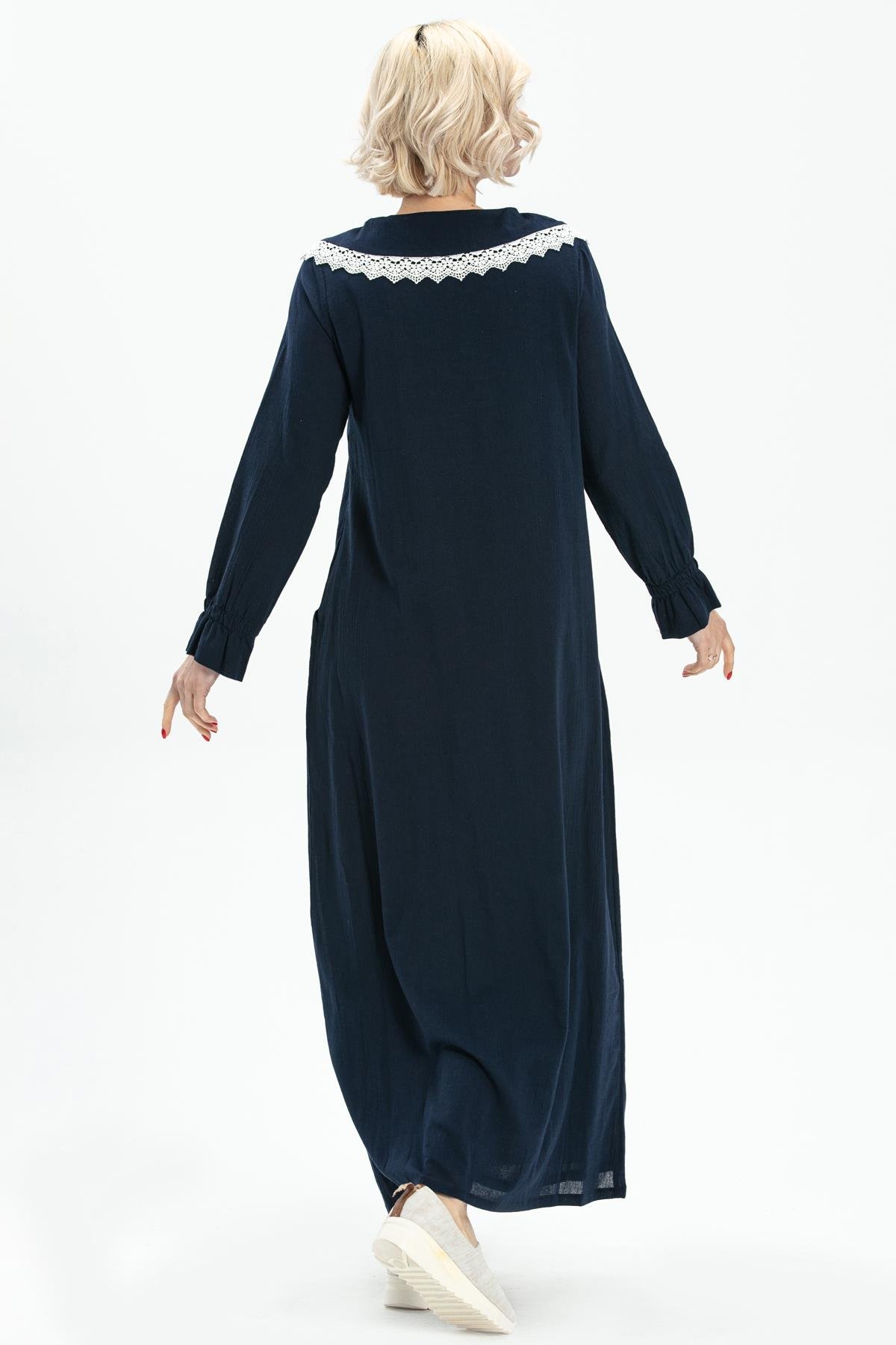 Long Sleeve Sile Fabric Zahide Long Dress Navy Blue