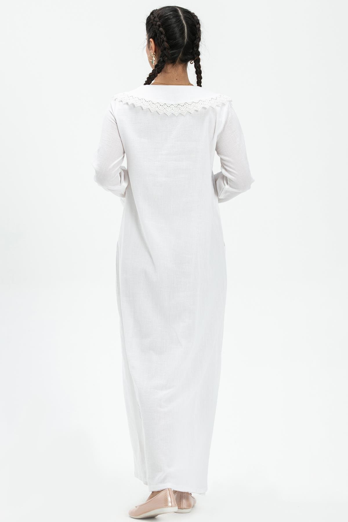 Long Sleeve Sile Fabric Zahide Long Dress White