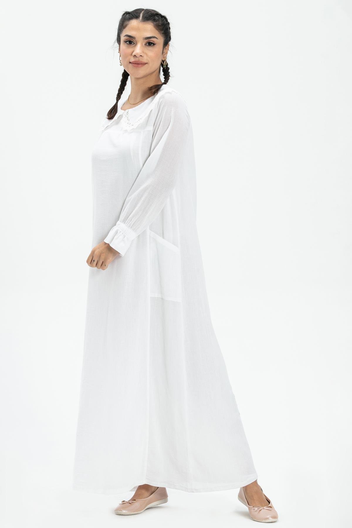 Long Sleeve Sile Fabric Zahide Long Dress White