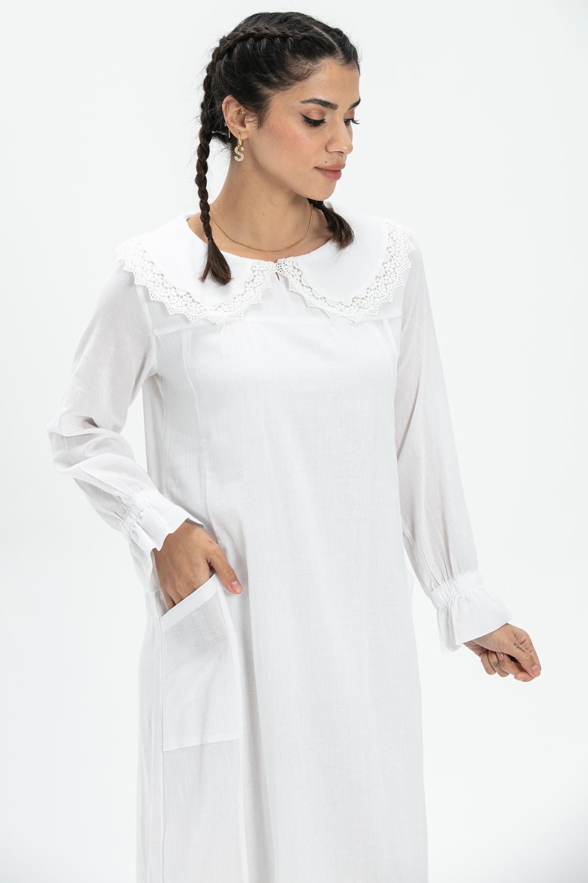 Long Sleeve Sile Fabric Zahide Long Dress White