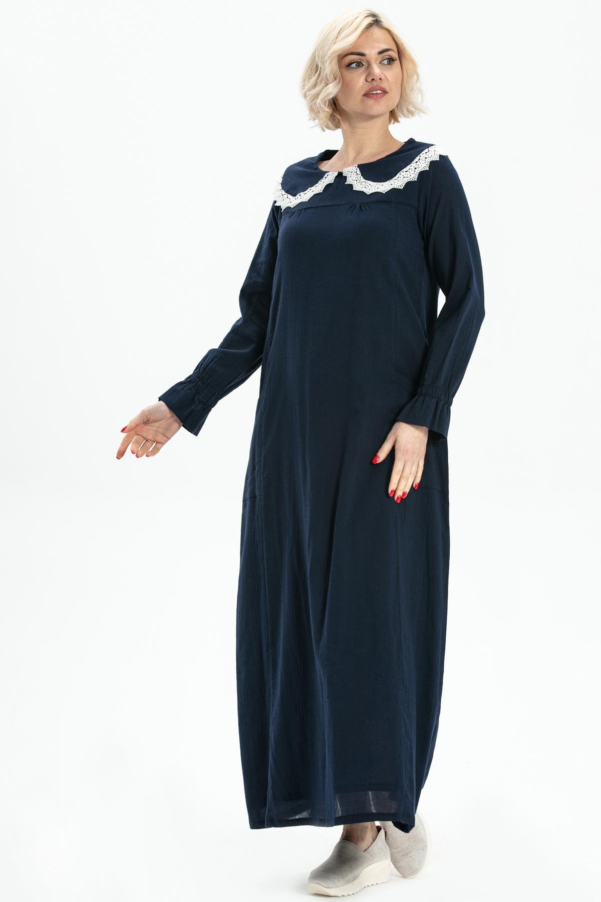 Long Sleeve Sile Fabric Zahide Long Dress Navy Blue