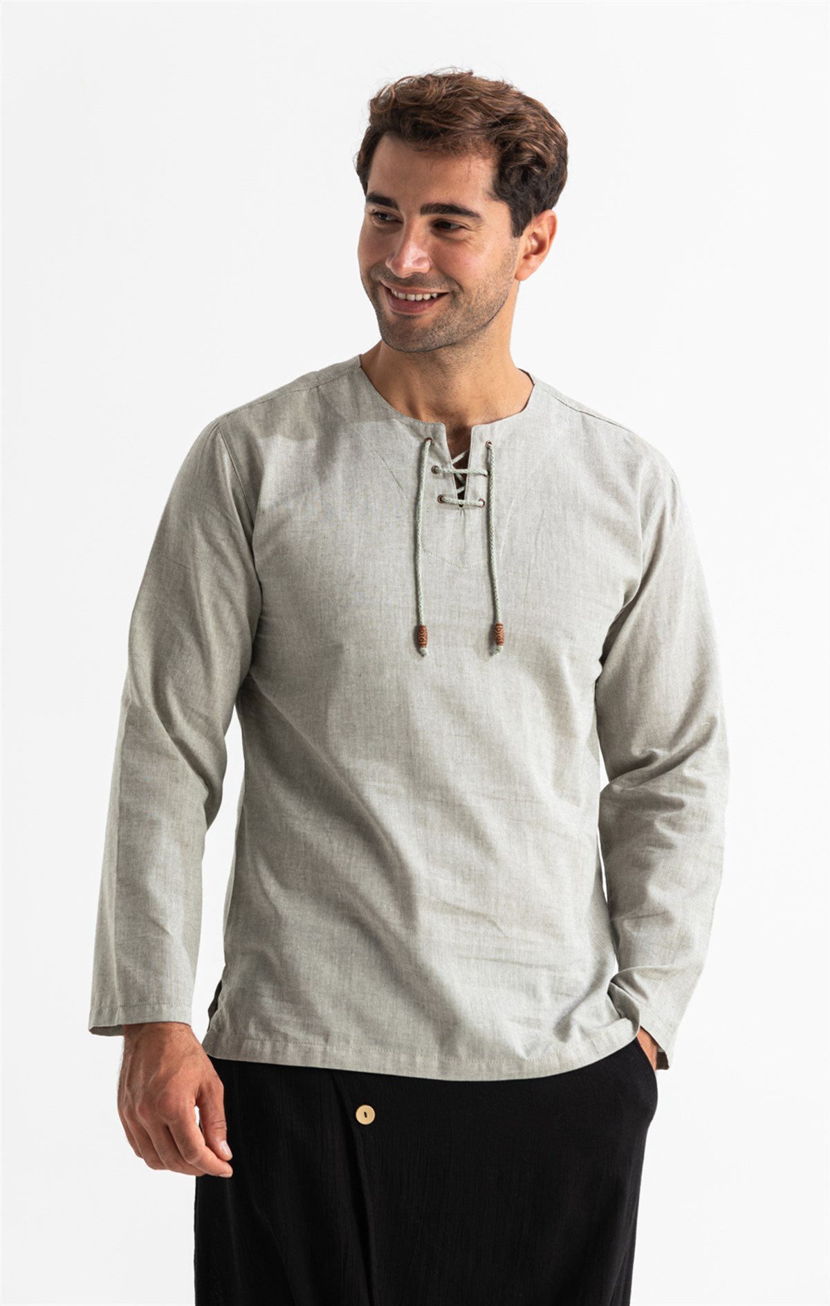 Uzun Kol Şile Bezi Zımbalı Erkek Tshirt Taş 3031