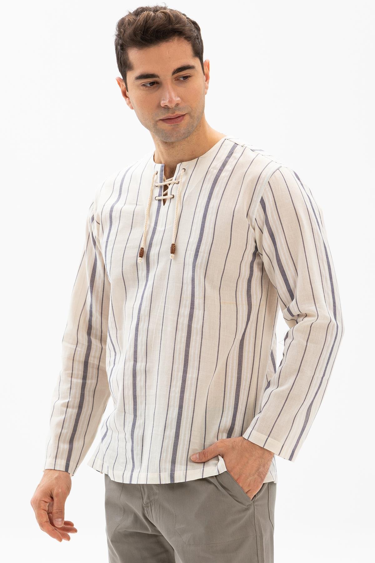 Uzun Kol Şile Bezi Zımbalı Erkek Tshirt Ekru Gri Çizgili 3028