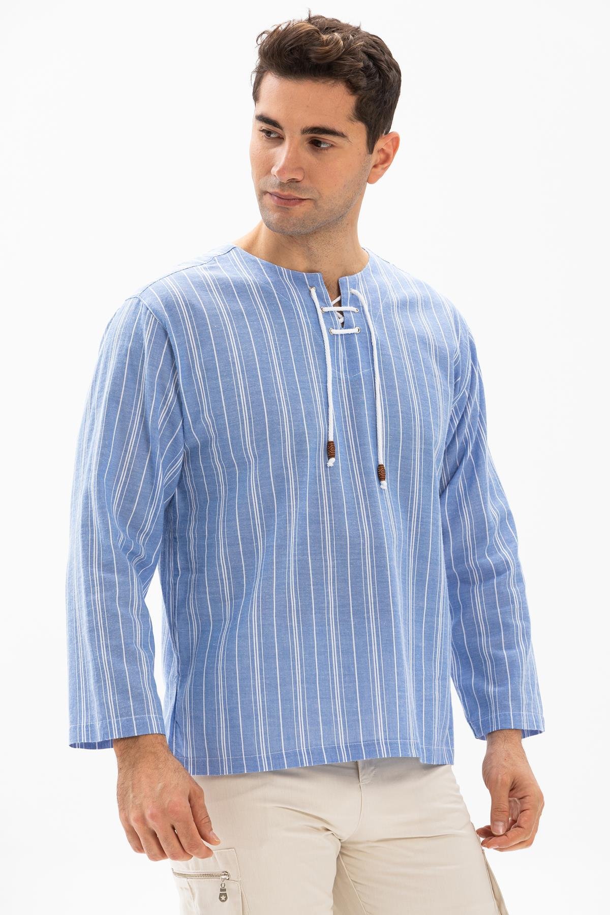 Uzun Kol Şile Bezi Zımbalı Erkek Tshirt Mavi Beyaz Çizgili 3019