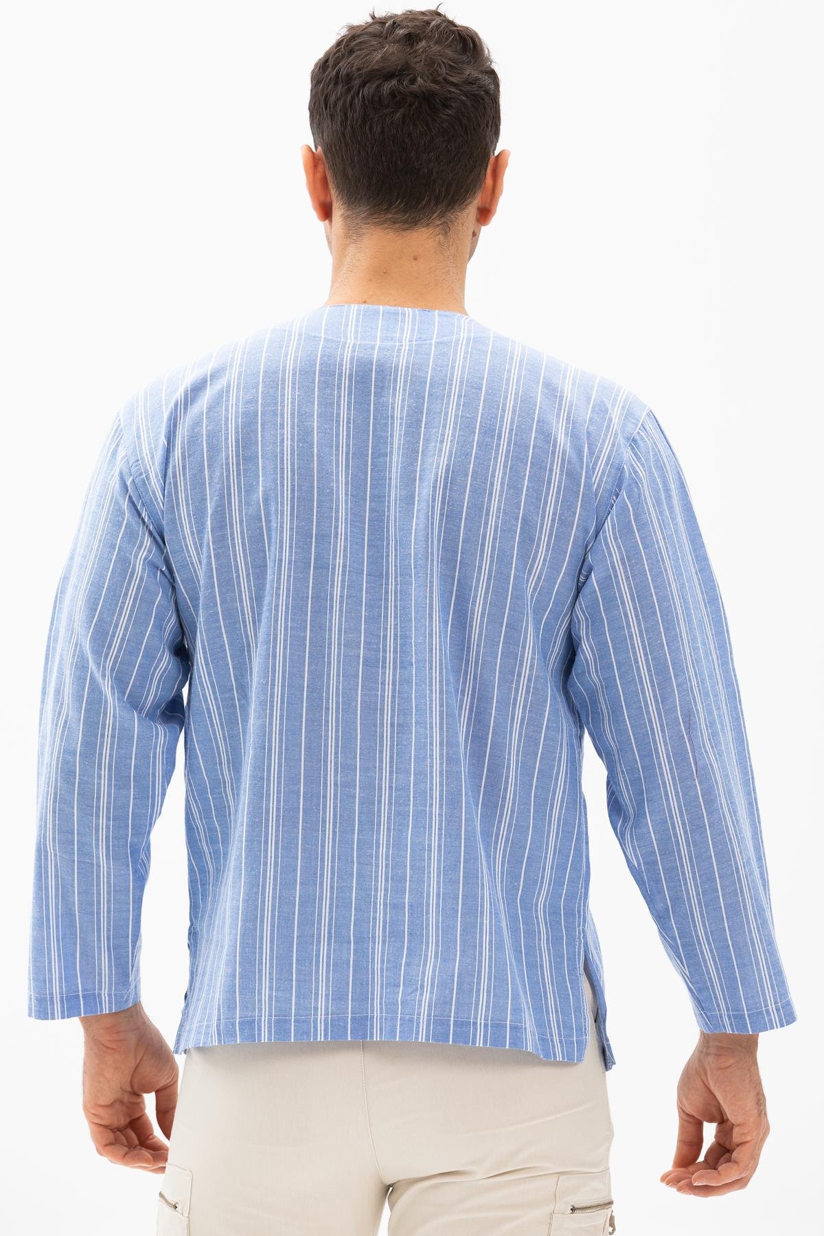 Uzun Kol Şile Bezi Zımbalı Erkek Tshirt Mavi Beyaz Çizgili 3019