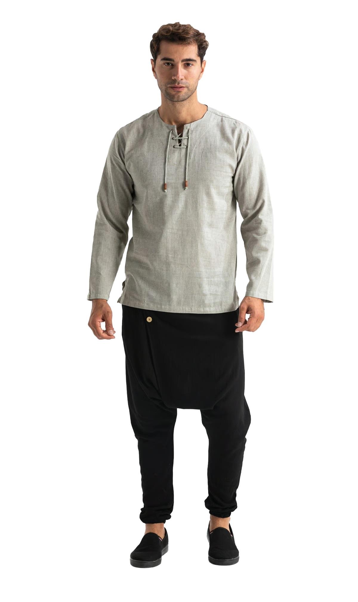 Uzun Kol Şile Bezi Zımbalı Erkek Tshirt Taş 3031