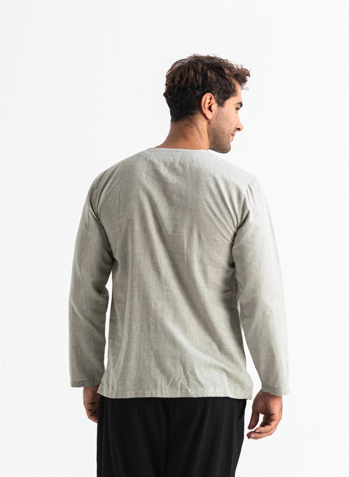 Uzun Kol Şile Bezi Zımbalı Erkek Tshirt Taş 3031