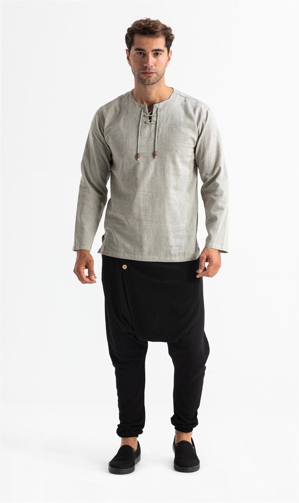 Uzun Kol Şile Bezi Zımbalı Erkek Tshirt Taş 3031