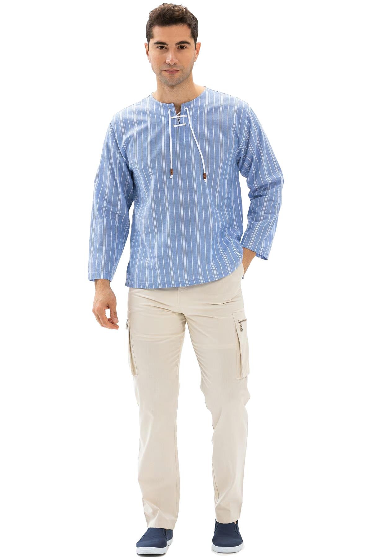 Uzun Kol Şile Bezi Zımbalı Erkek Tshirt Mavi Beyaz Çizgili 3019