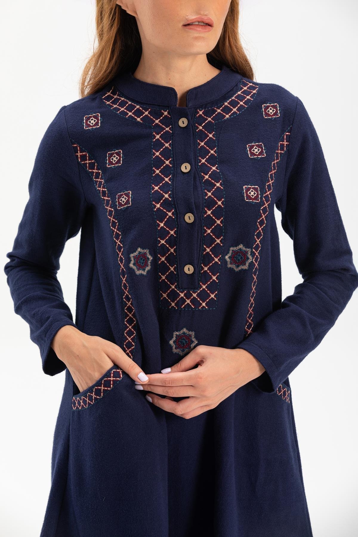 Long Sleeve Flannel Sude Embroidered Short Dress Navy Blue