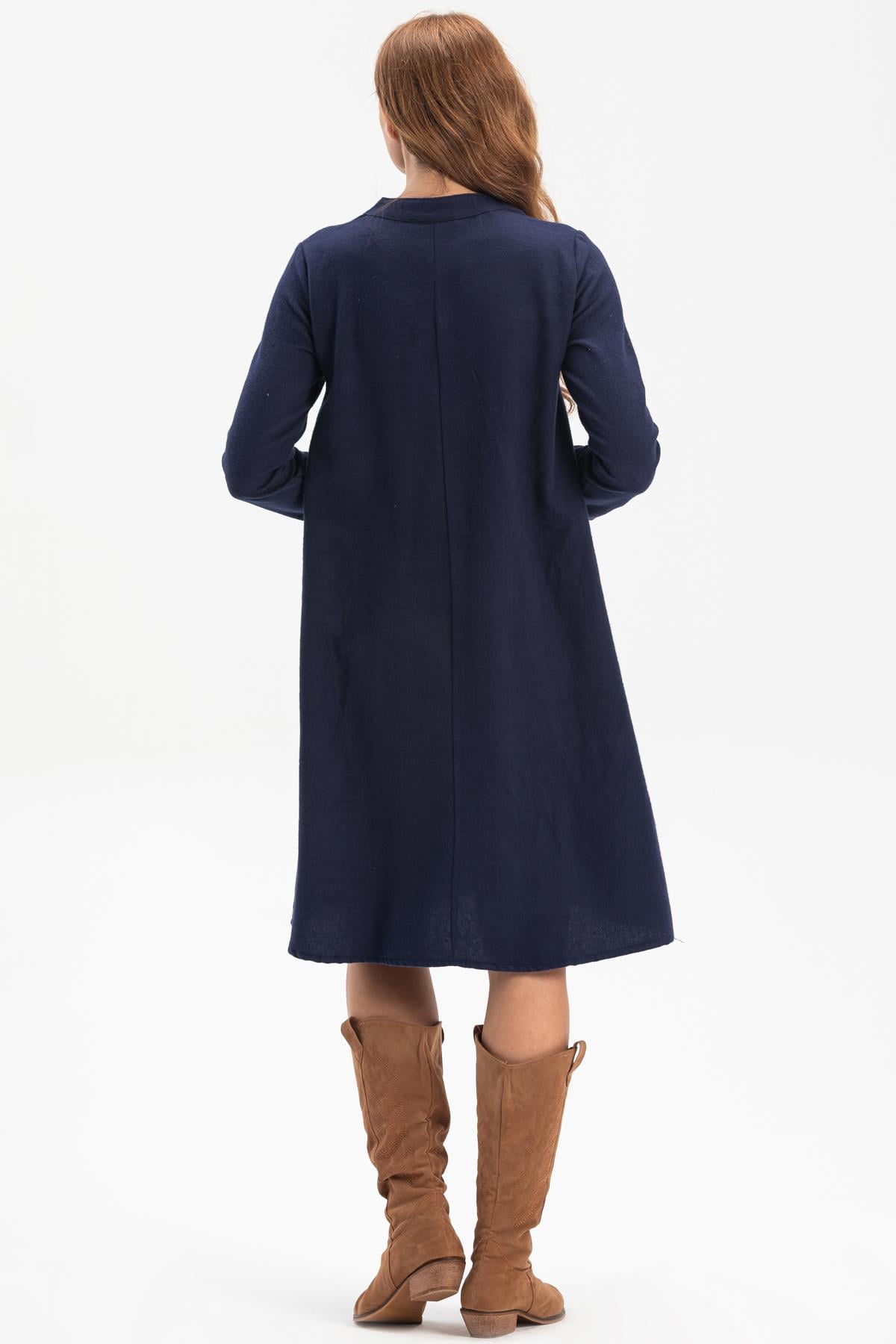 Long Sleeve Flannel Sude Embroidered Short Dress Navy Blue