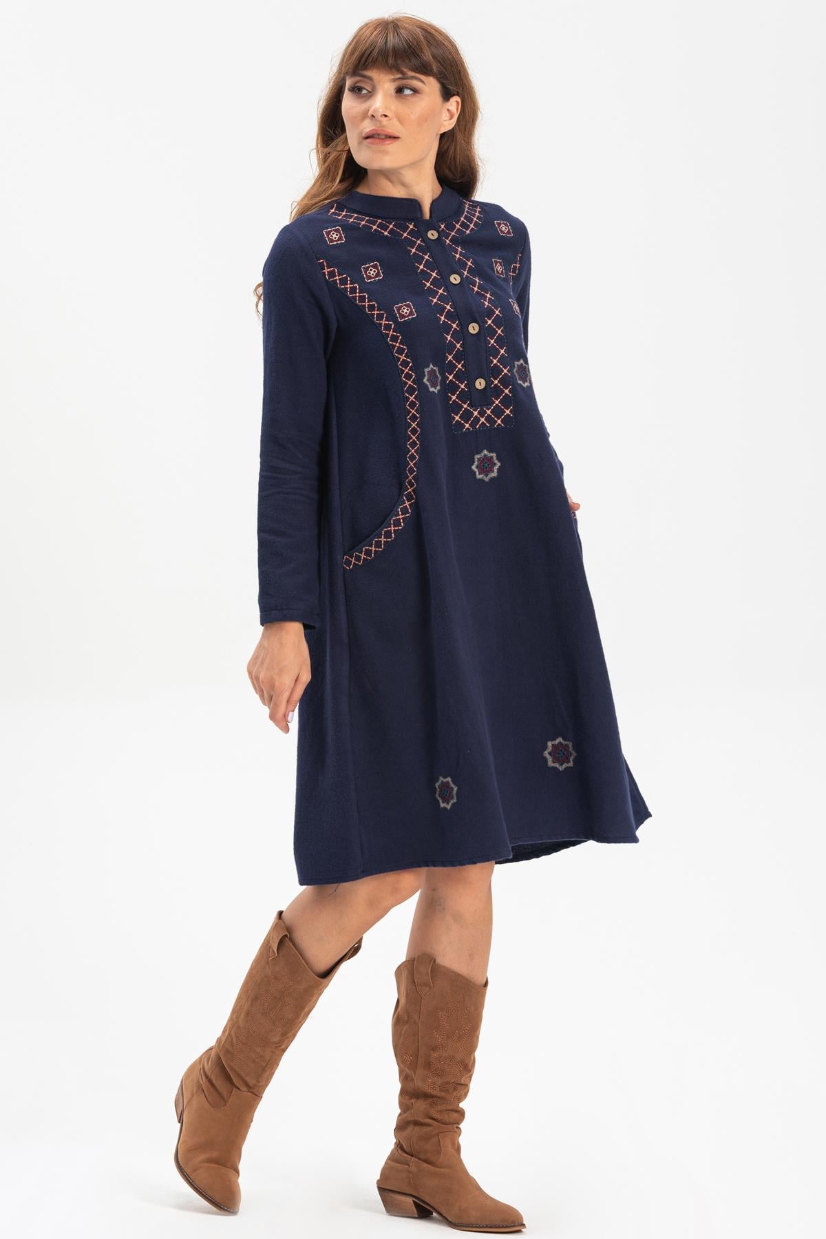 Long Sleeve Flannel Sude Embroidered Short Dress Navy Blue