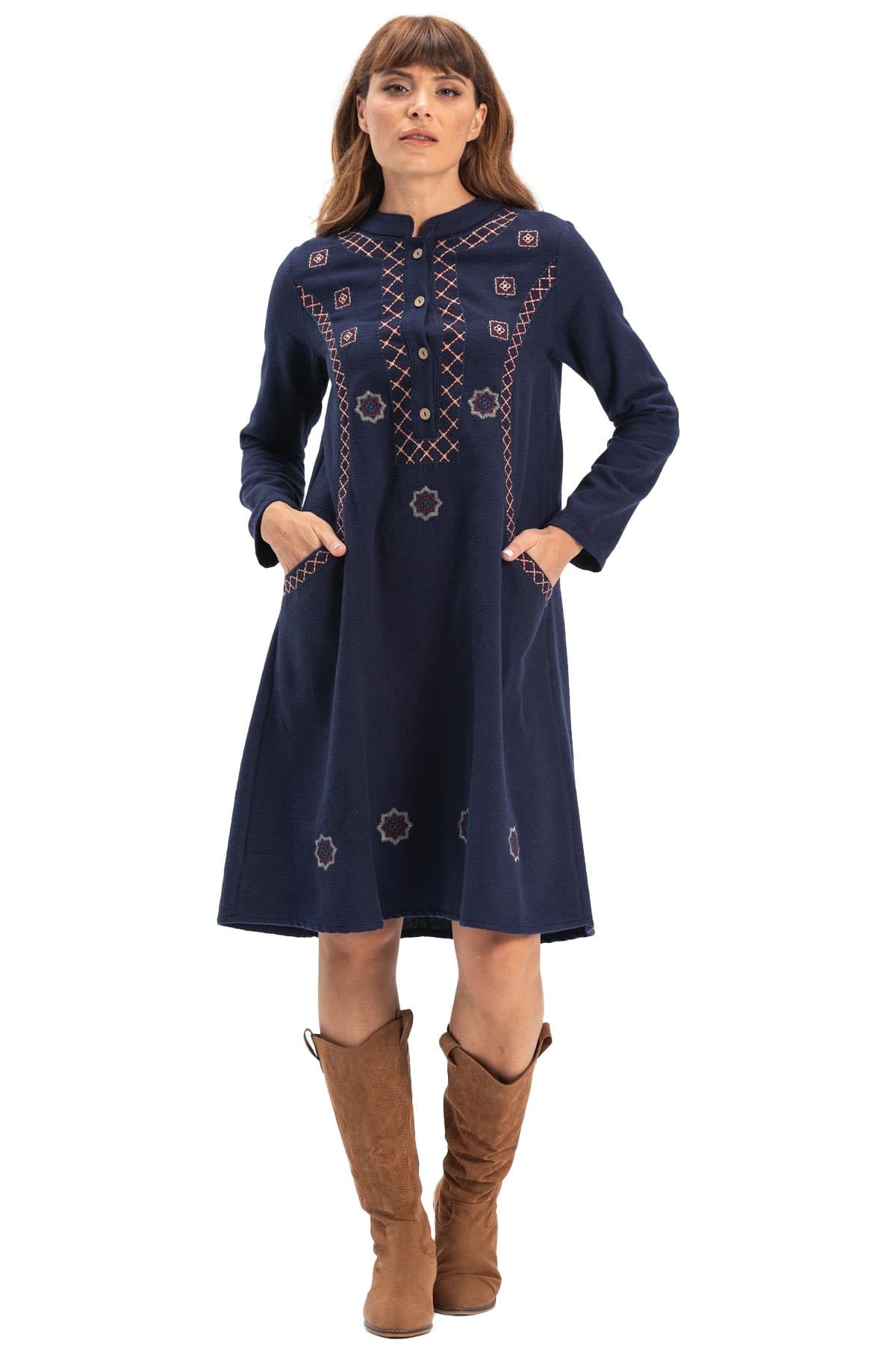 Long Sleeve Flannel Sude Embroidered Short Dress Navy Blue