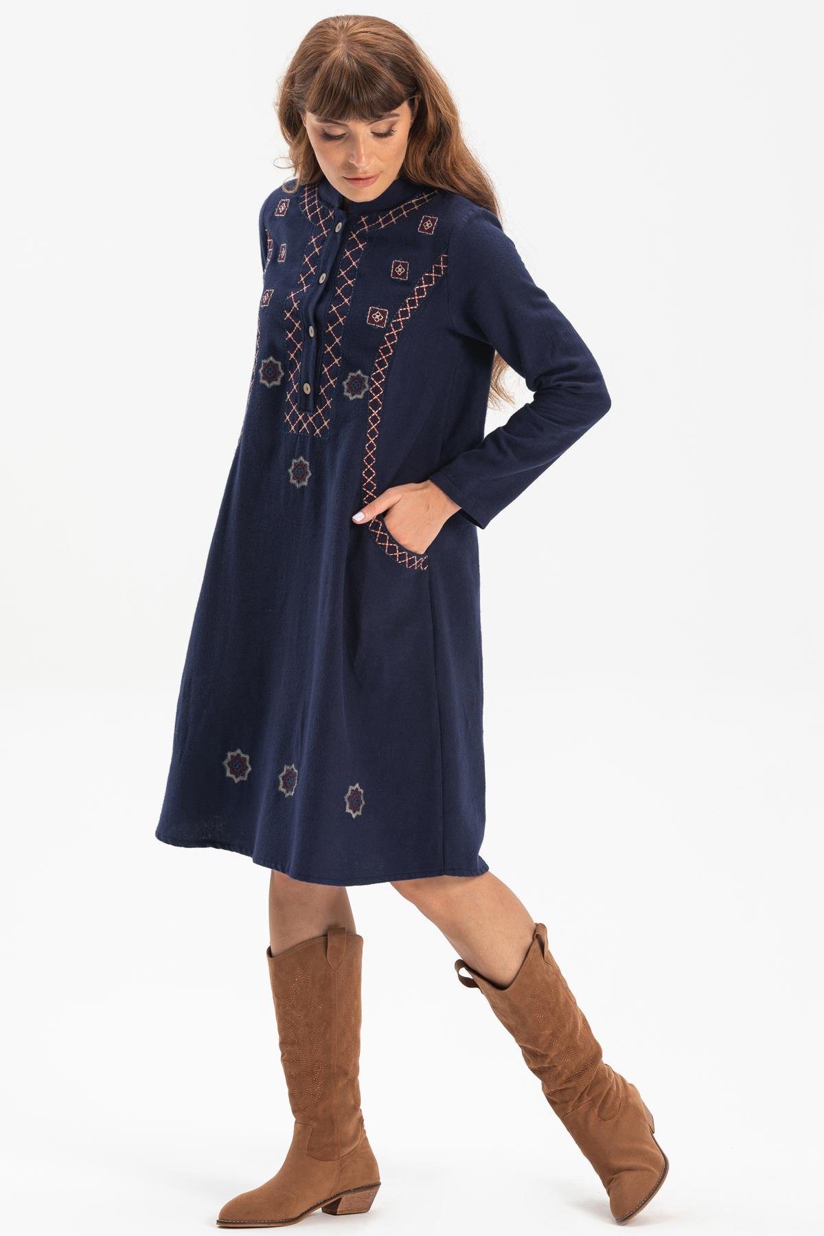 Long Sleeve Flannel Sude Embroidered Short Dress Navy Blue