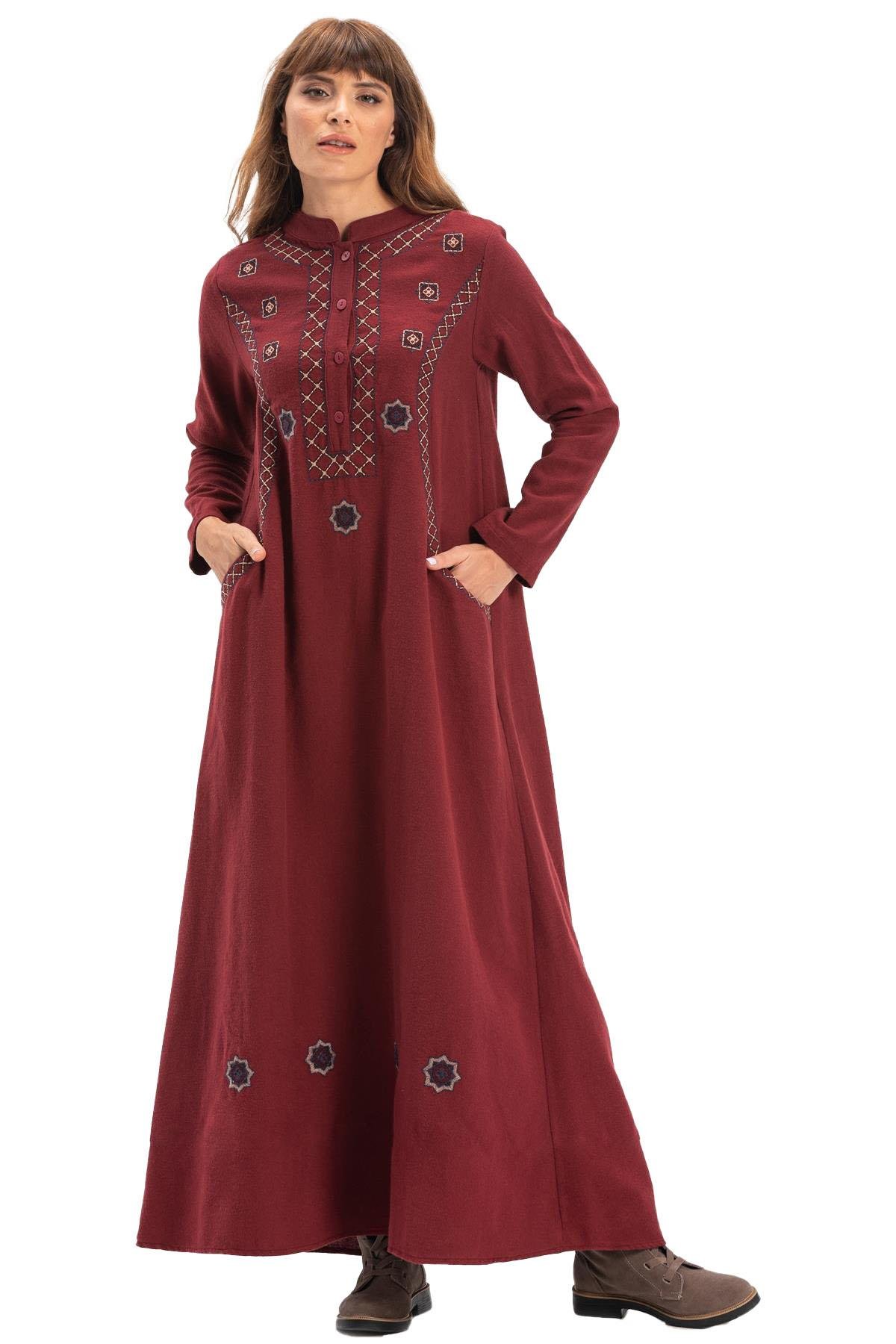 Long Sleeve Flannel Sude Embroidered Long Dress Claret Red