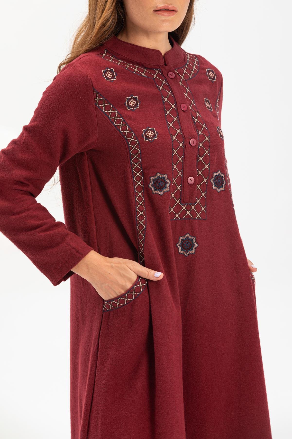 Long Sleeve Flannel Sude Embroidered Long Dress Claret Red