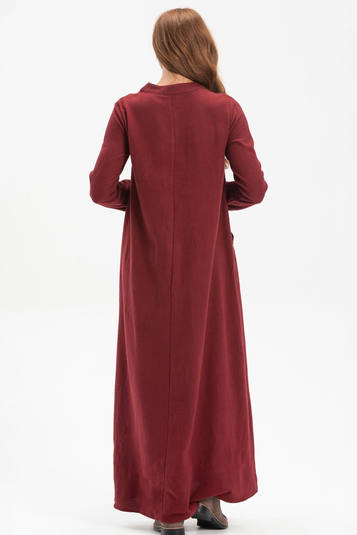 Long Sleeve Flannel Sude Embroidered Long Dress Claret Red