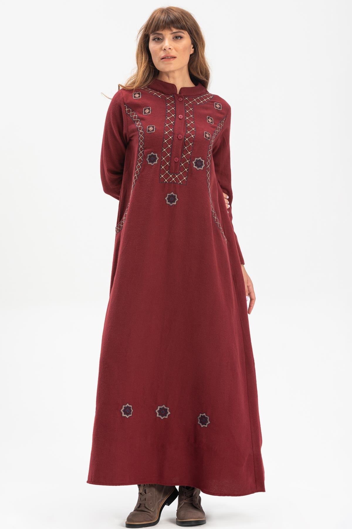Long Sleeve Flannel Sude Embroidered Long Dress Claret Red