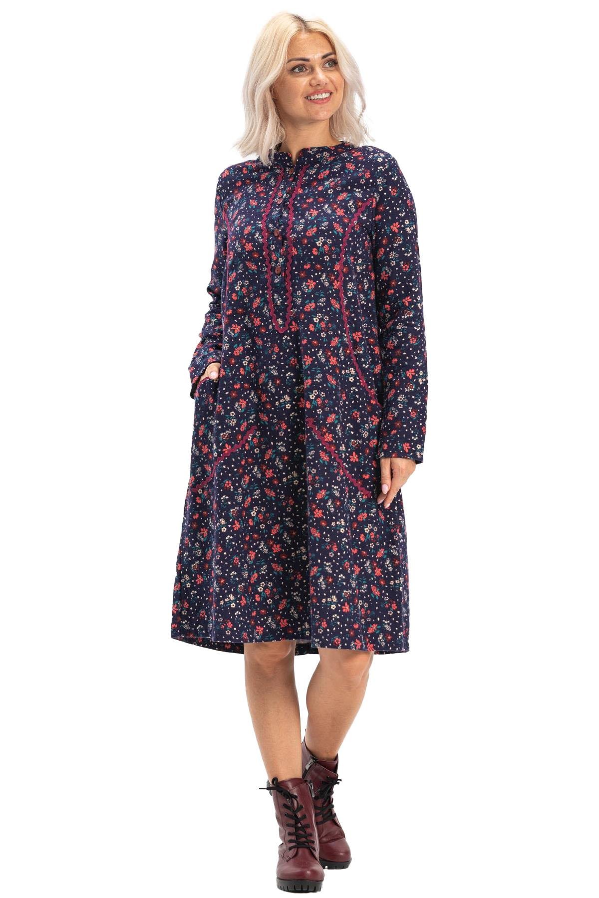 Uzun Kol Sudenaz Pazen Kısa Sonbahar ve Kışlık Elbise Çiçek Desen Lacivert Lcvt