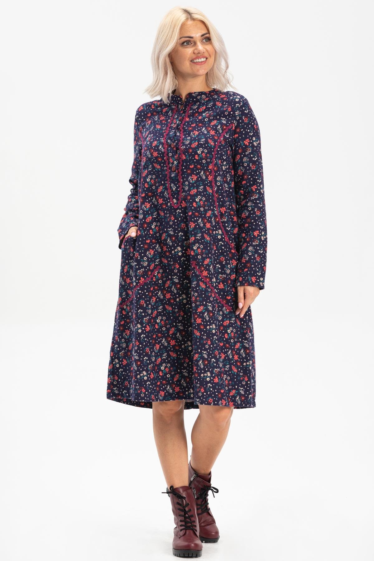 Uzun Kol Sudenaz Pazen Kısa Sonbahar ve Kışlık Elbise Çiçek Desen Lacivert Lcvt