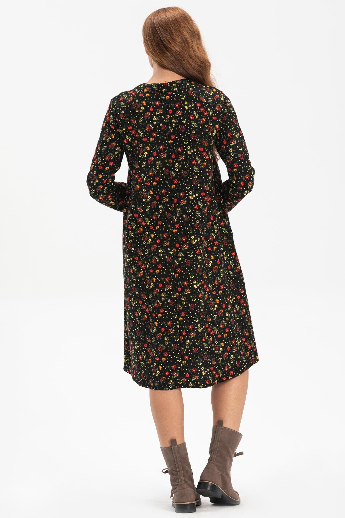 Uzun Kol Sudenaz Pazen Kısa Sonbahar ve Kışlık Elbise Çiçek Desen Siyah Syh