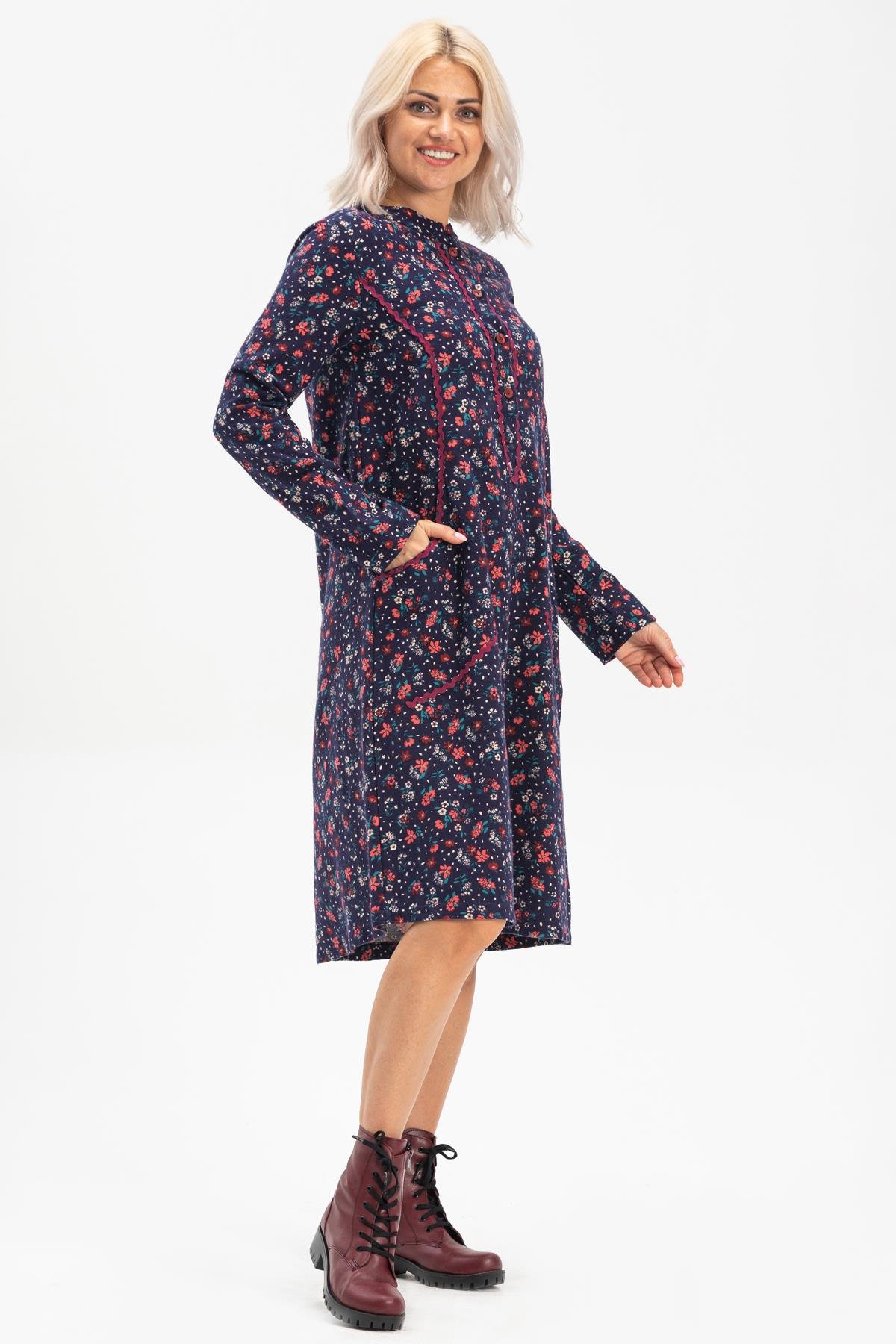 Uzun Kol Sudenaz Pazen Kısa Sonbahar ve Kışlık Elbise Çiçek Desen Lacivert Lcvt