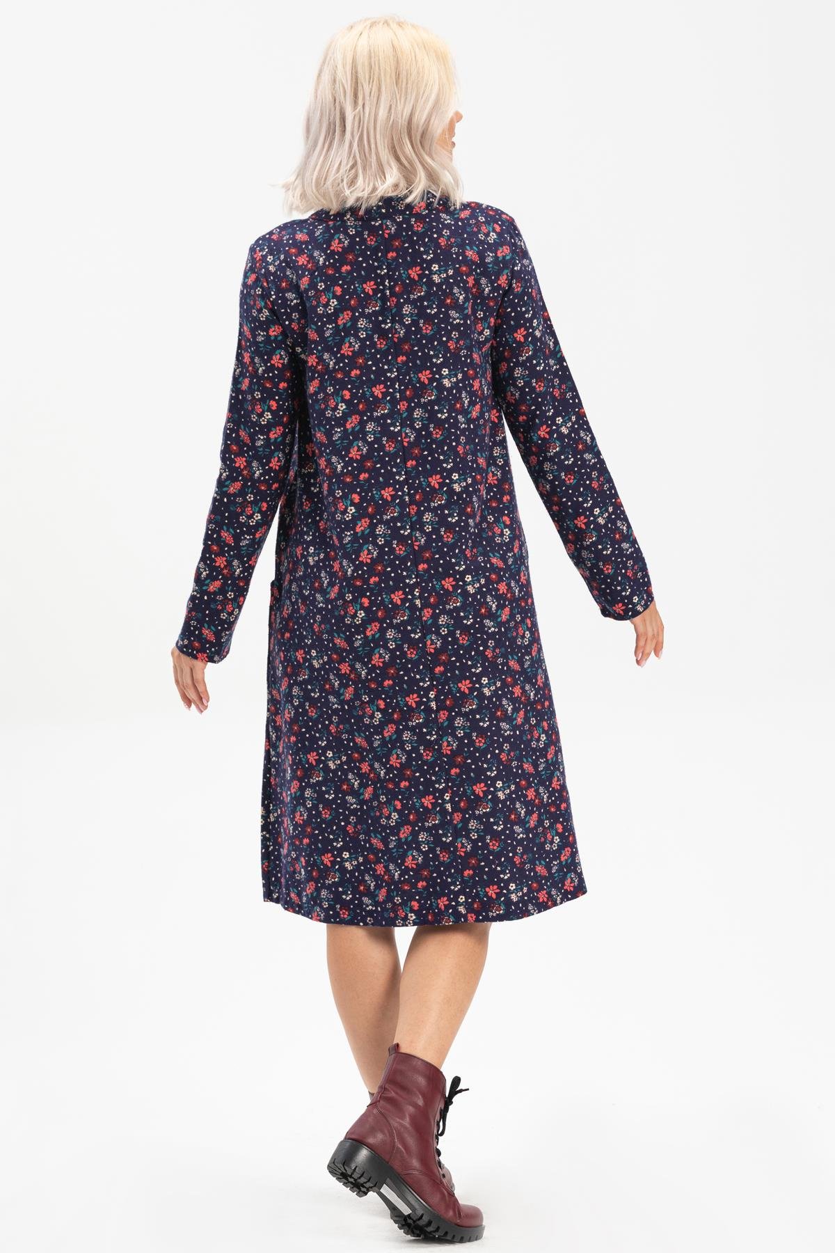 Uzun Kol Sudenaz Pazen Kısa Sonbahar ve Kışlık Elbise Çiçek Desen Lacivert Lcvt