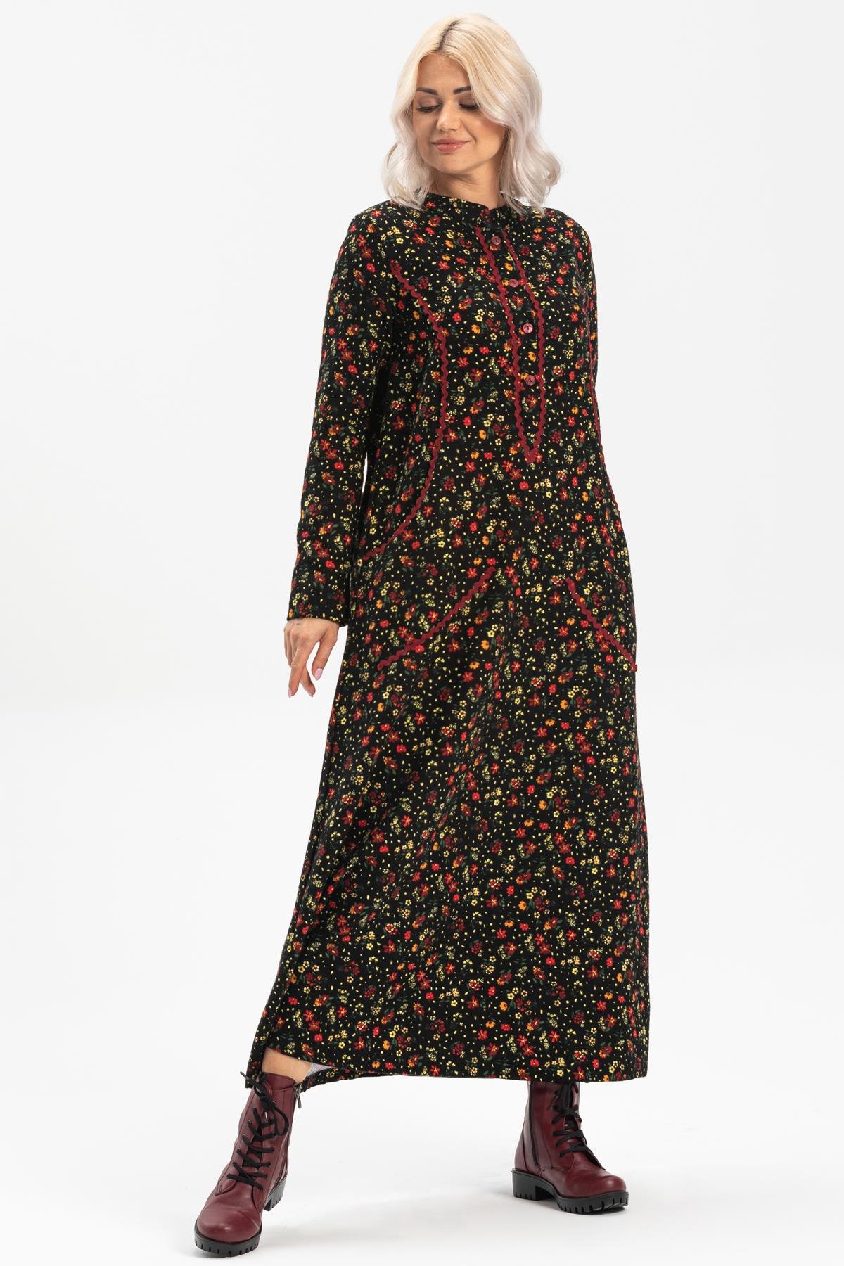 Uzun Kol Sudenaz Pazen Uzun Sonbahar ve Kışlık Elbise Çiçek Desen Siyah Syh