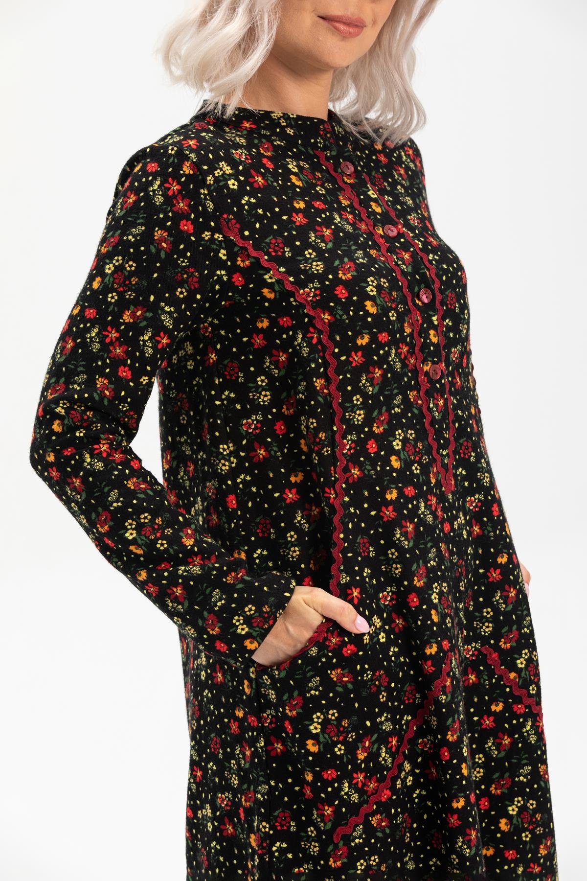 Uzun Kol Sudenaz Pazen Uzun Sonbahar ve Kışlık Elbise Çiçek Desen Siyah Syh