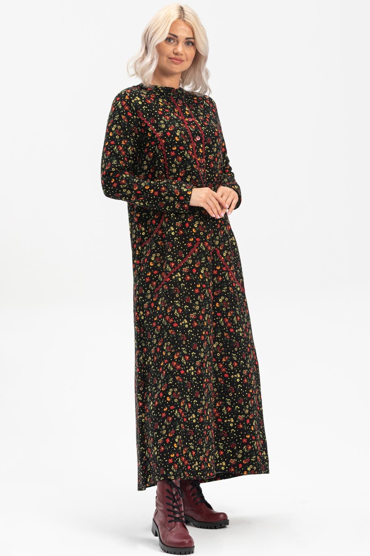 Uzun Kol Sudenaz Pazen Uzun Sonbahar ve Kışlık Elbise Çiçek Desen Siyah Syh