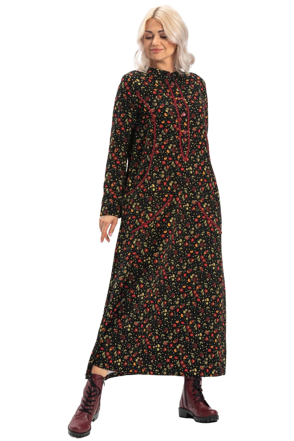 Uzun Kol Sudenaz Pazen Uzun Sonbahar ve Kışlık Elbise Çiçek Desen Siyah Syh
