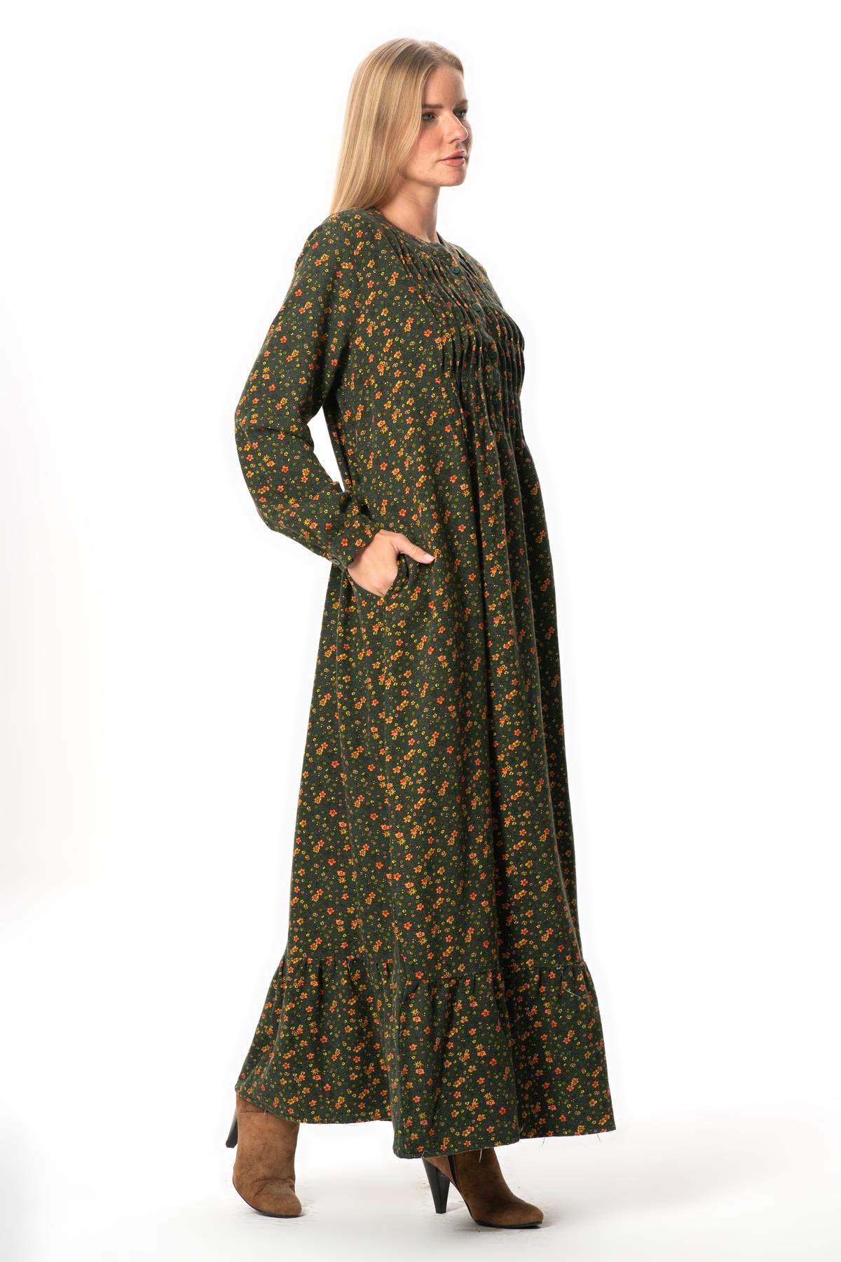 Uzun Kol Sümeyye Pazen Düğmeli Sonbahar ve Kışlık Uzun Elbise Yeşil Ysl