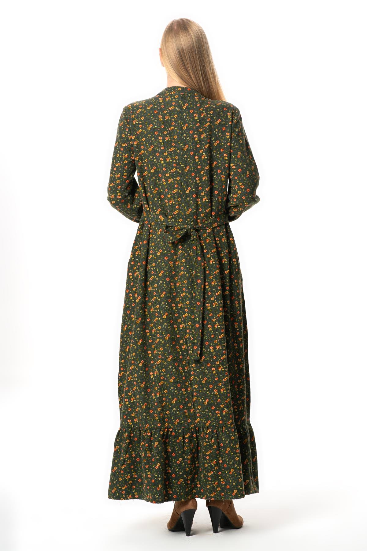 Uzun Kol Sümeyye Pazen Düğmeli Sonbahar ve Kışlık Uzun Elbise Yeşil Ysl