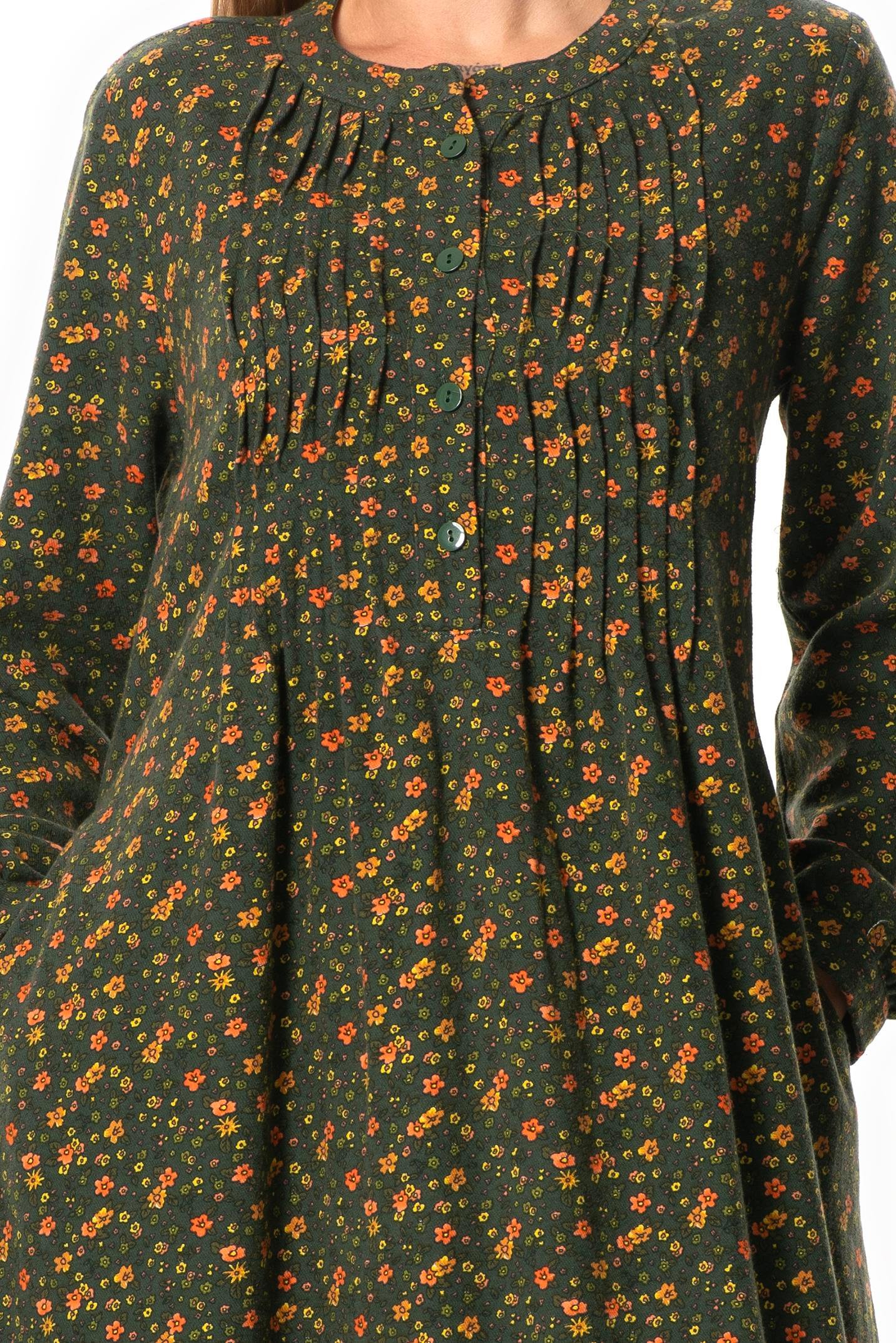 Uzun Kol Sümeyye Pazen Düğmeli Sonbahar ve Kışlık Uzun Elbise Yeşil Ysl