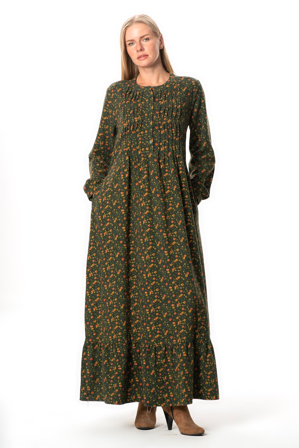 Uzun Kol Sümeyye Pazen Düğmeli Sonbahar ve Kışlık Uzun Elbise Yeşil Ysl