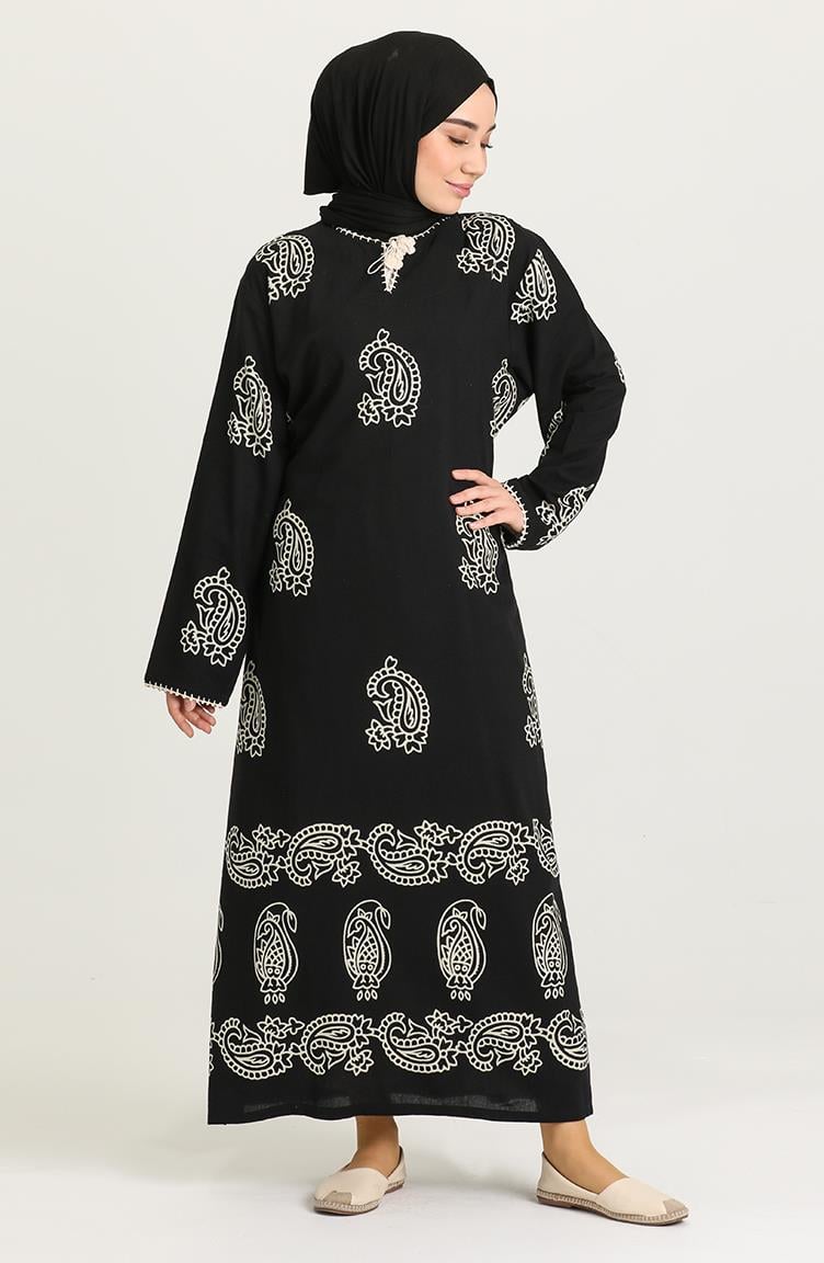 Uzun Kol Taş Baskı Pamuk Uzun Elbise Şal Desen Siyah Syh