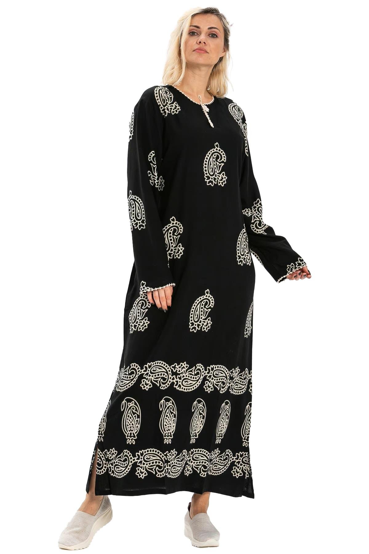 Uzun Kol Taş Baskı Pamuk Uzun Elbise Şal Desen Siyah Syh