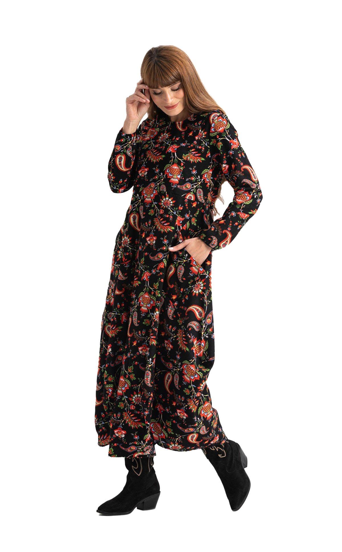 Uzun Kol Velvetin Ayşegül Desenli Uzun Sonbahar ve Kışlık Elbise Siyah Syh