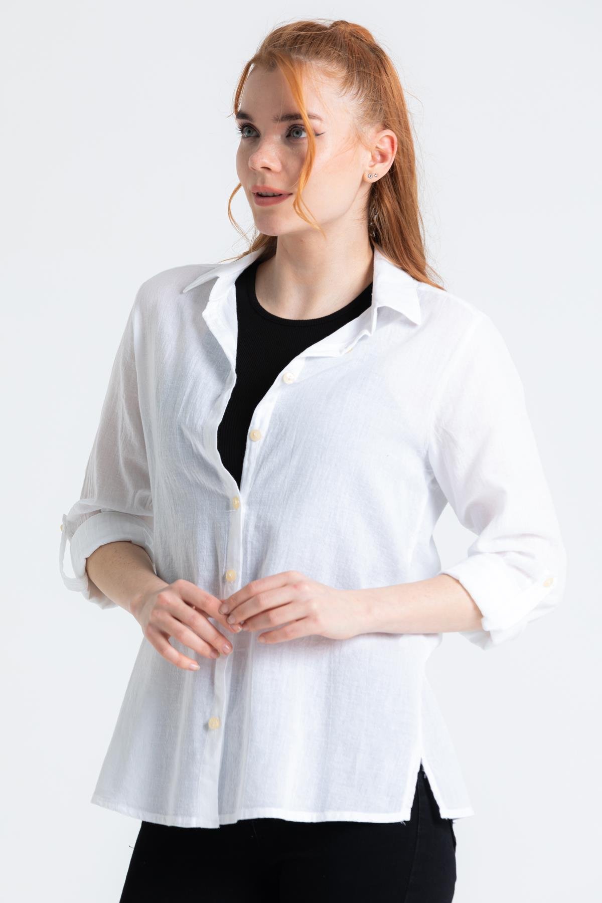 Uzun Kol Vual Avşar Gömlek Beyaz Byz