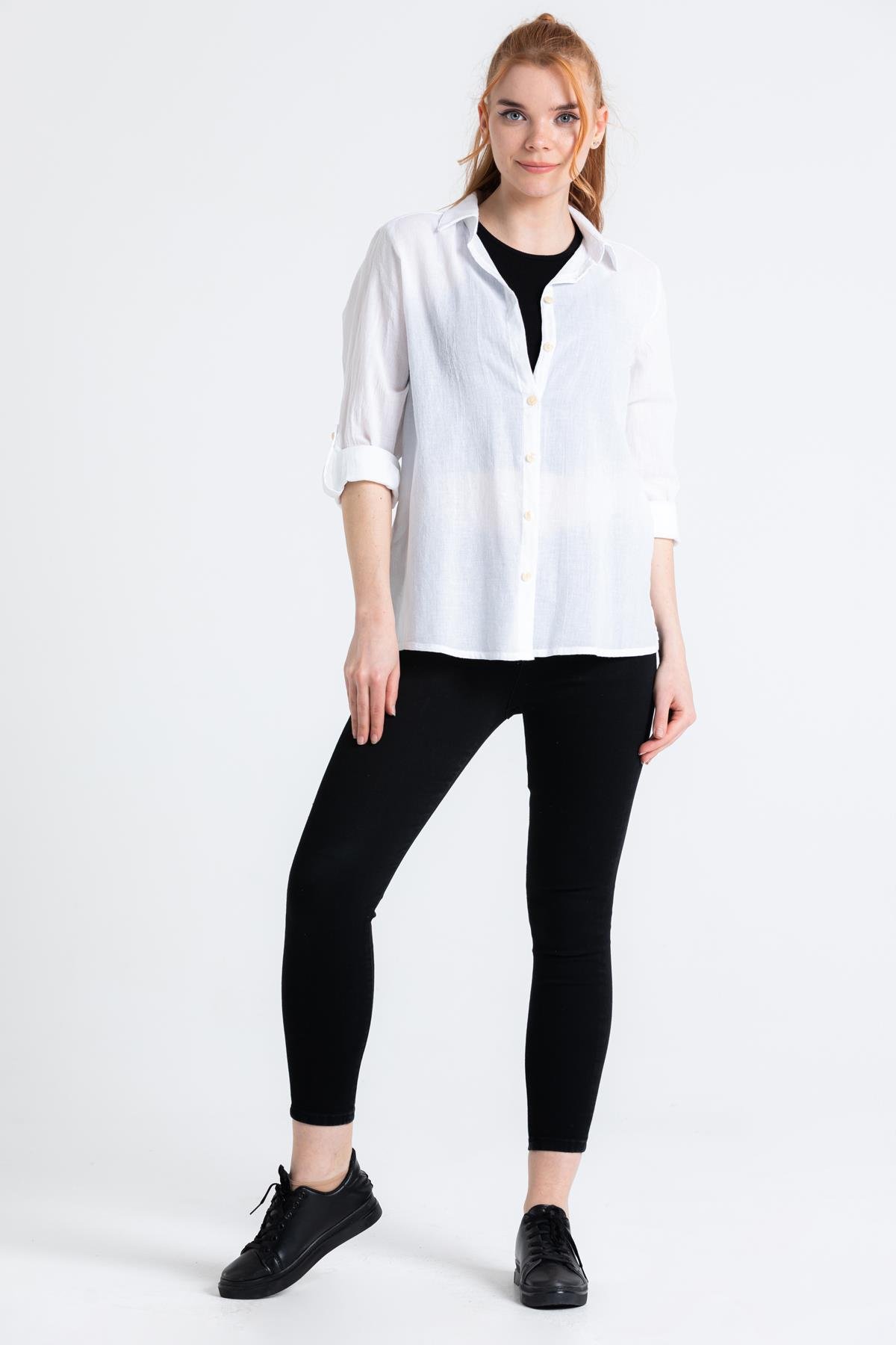 Uzun Kol Vual Avşar Gömlek Beyaz Byz