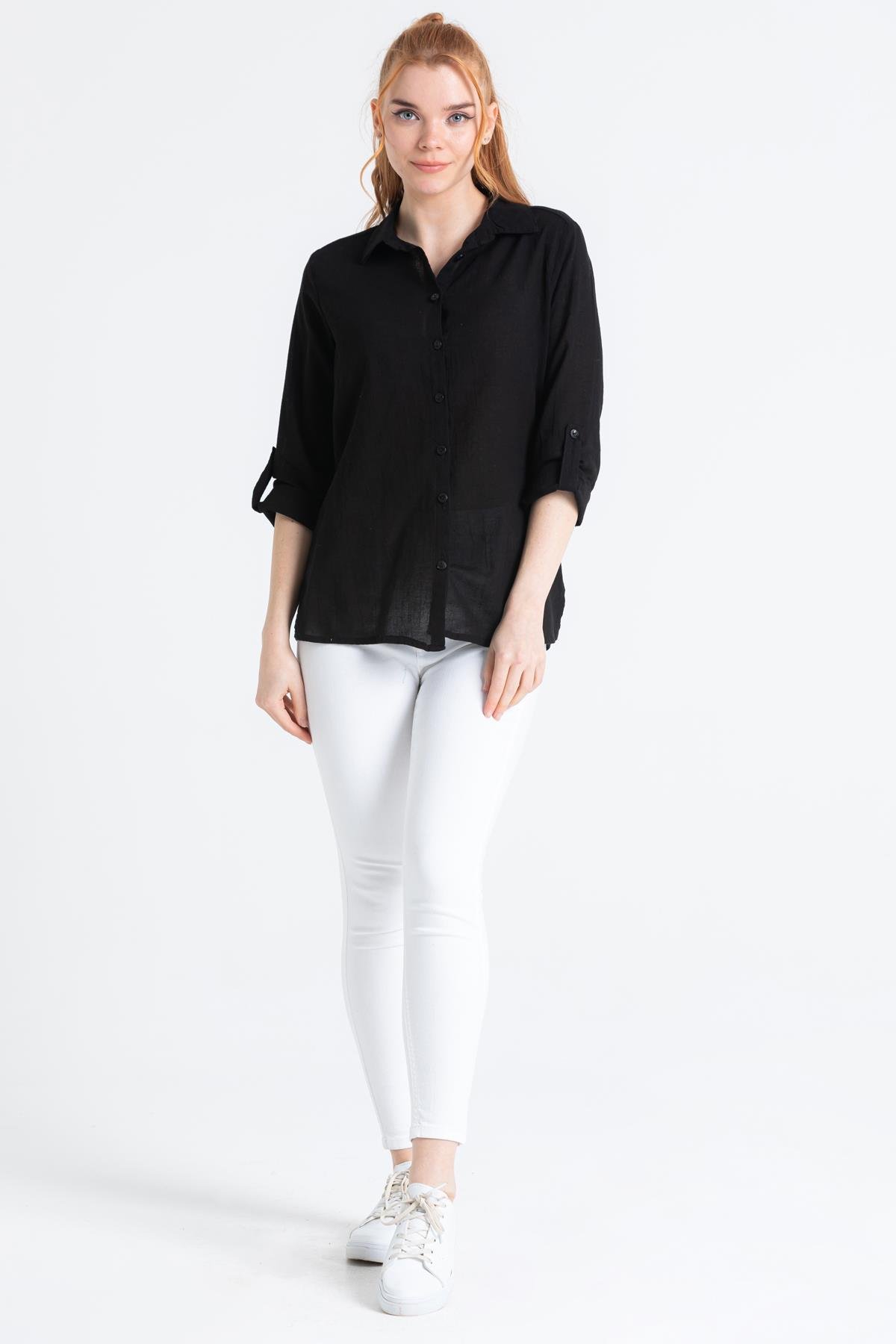 Uzun Kol Vual Avşar Gömlek Siyah Syh