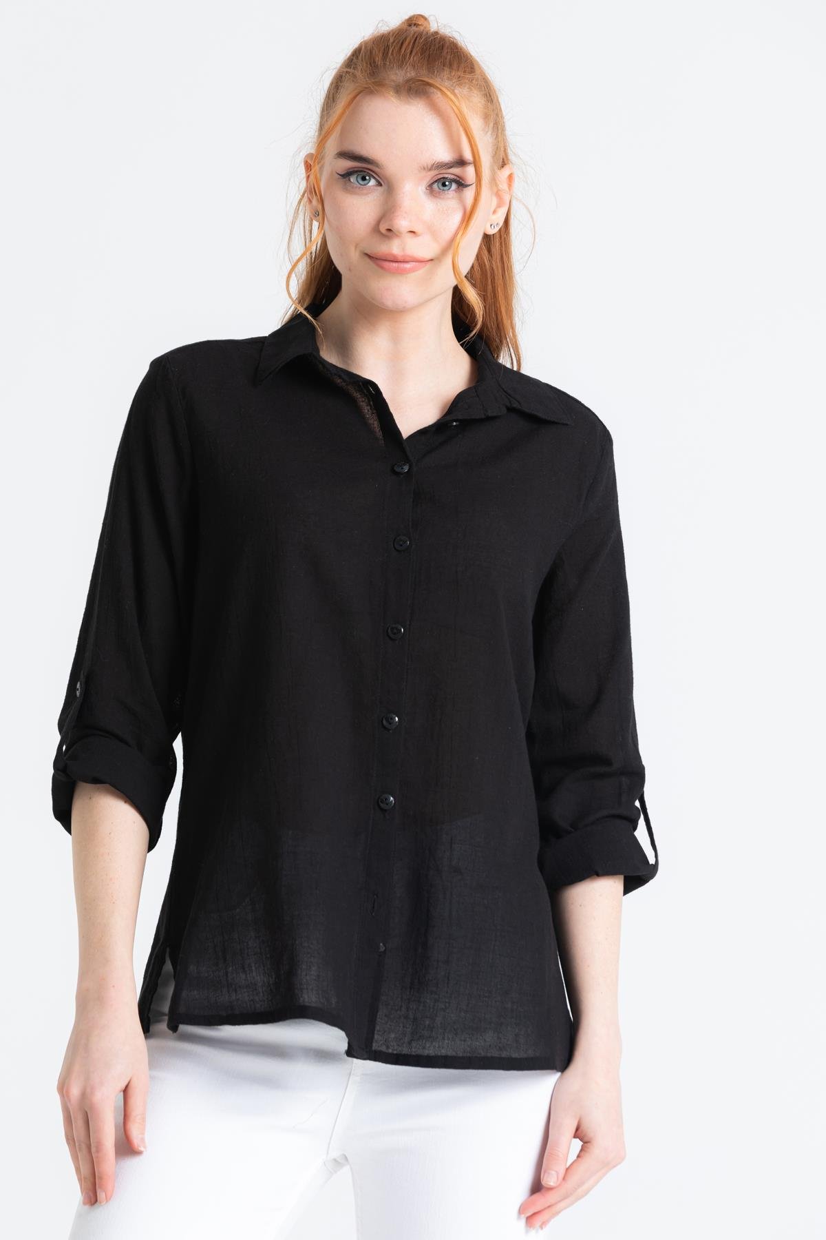 Uzun Kol Vual Avşar Gömlek Siyah Syh