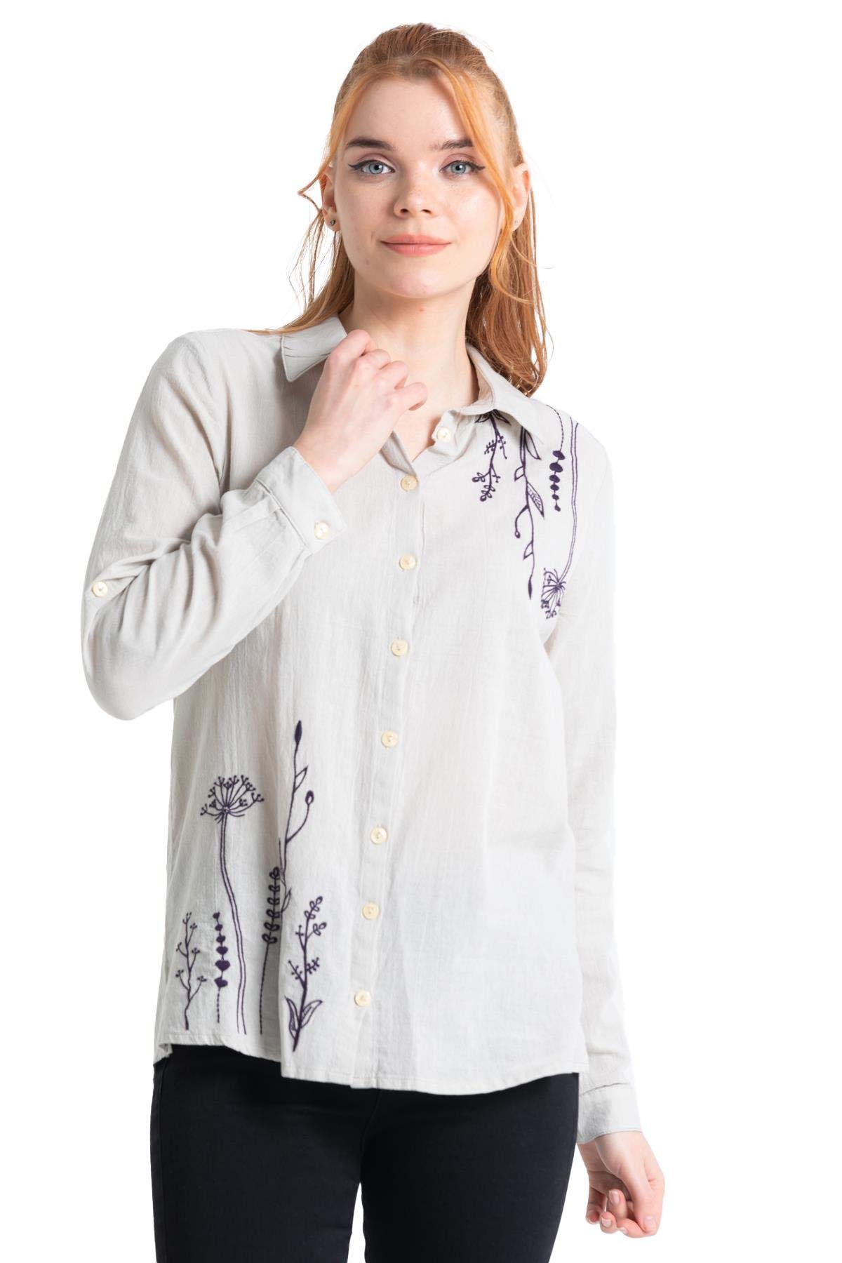 Long Sleeve Voile Avşar Embroidered Shirt Stone