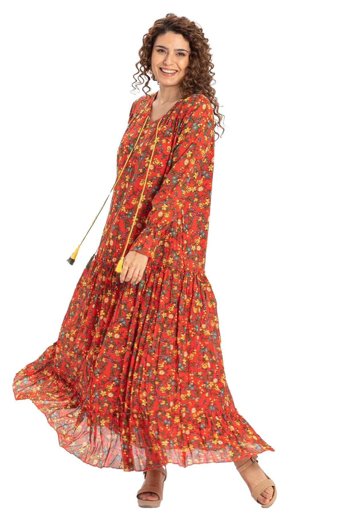 Uzun Kol Vual Gonca Uzun Elbise Tomurcuk Desen Turuncu 6168