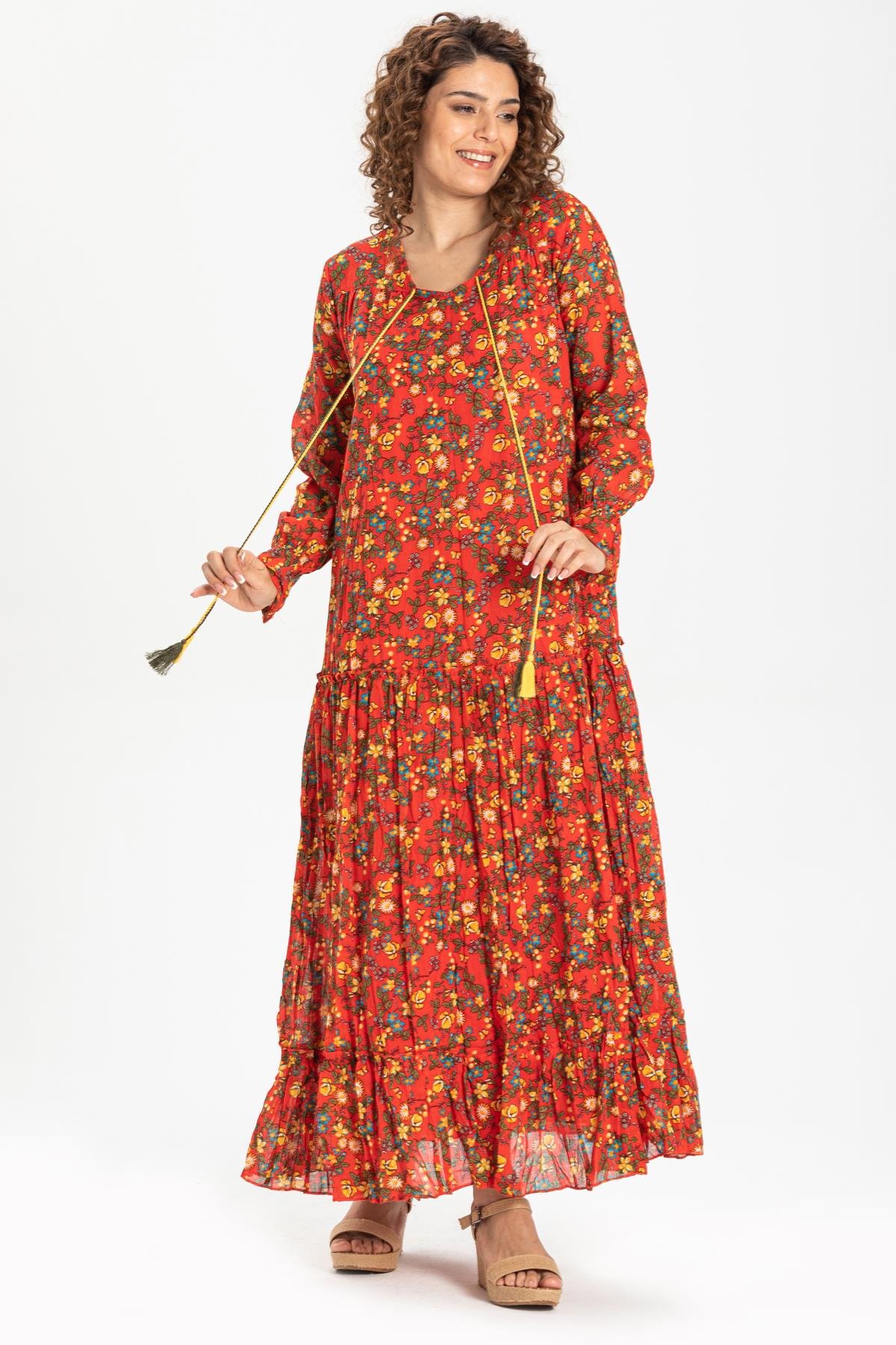 Uzun Kol Vual Gonca Uzun Elbise Tomurcuk Desen Turuncu 6168